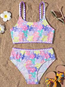 SHEIN 少女碎花比基尼套装，优雅针织面料，时尚休闲泳装，适合游泳、海滩、泳池、拍照，也是万圣节、圣诞节、新年礼物的理想之选。碎花泳衣两件套，少女泳装两件套，夏季两件套泳衣，女童泳装两件套，夏季两件套泳衣，夏季两件套泳衣。 - 彩色 - 查看 6