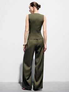 Aveloria Modichic Elegant Fashion French Retro Casual Sleeveless Asymmetric Top And Pants 2 Pieces Set For Women - Army Green - View 3