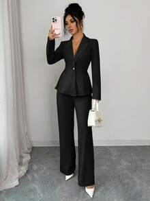 SHEIN Elenzya Women's Ruffle Hem Blazer Jacket And Straight Leg Pants Elegant Romantic Business Suit Set - Black - View 5