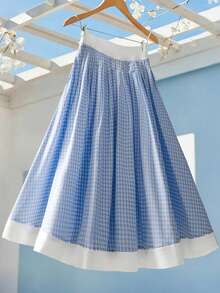 Franclia 蓝白格子高腰喇叭裙 - 藍色 - 查看 2