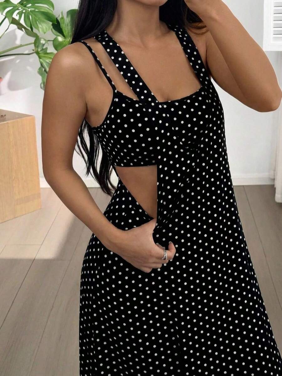 SHEIN EZwear 女士黑色波点针织无袖连衣裙 - 黑色 - 查看 1