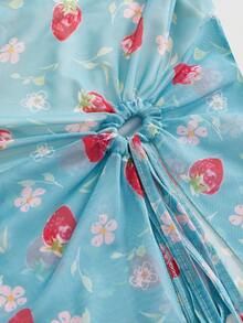 ROMWE Kawaii Plus Size Women Strawberry Print Side Slit Hem Bandeau Top - Blue - View 4