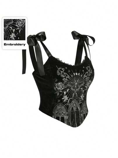 ROMWE Gothic Luxurious Vintage Black Nighttime Floral Palace Architecture Embroidery Pattern Plus Size Bralette With Butterfly Strap And Camisole, Elegant Black Plus Size Camisole For Women