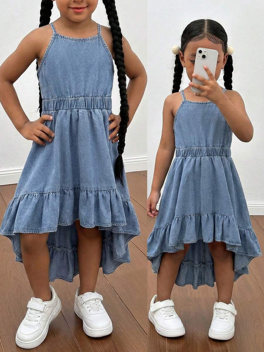 Young Girl' New Fashion Casual Soft Cute Boho Vacation Irregular Hem Blue Denim Pinafore Long Dress Spring Summer,For Kids Girls Spring/Summer Dailywear Outfits,Girls Streetwear Outfits,Beach Vacation Outfits For Girls ,Girls Summer Boho Outfits,Casual Clothes For Girls ,Elegant Dresses For Girls ,Toddler Dress ,4-Year-Old Girls Dress ,Summer Dress ,Casual Dress - Light Wash - View 1