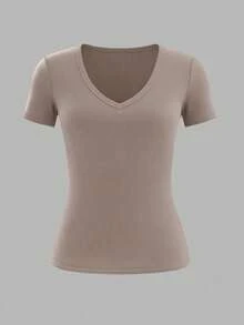 EMERY ROSE Women's Solid Color Short Sleeve Ribbed Casual T-Shirt - Apricot - View 3