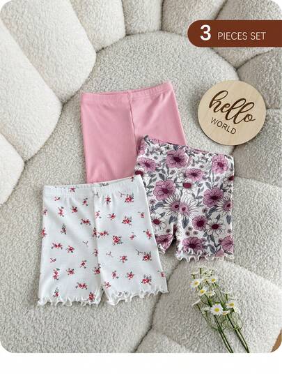 SHEIN Bộ 3 món cho bé gái, kiểu dáng thường ngày, phong cách đồng quê cổ điển, mềm mại và thoáng khí, họa tiết hoa, thực vật, hồng, mơ, màu trơn, giá cả phải chăng, phù hợp mặc ở nhà hoặc chơi ngoài trời vào mùa xuân/hè.