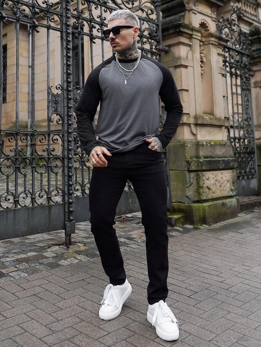 Artur Kramer Hombres Camiseta de color combinado de manga raglán - Gris Oscuro - Ver 1