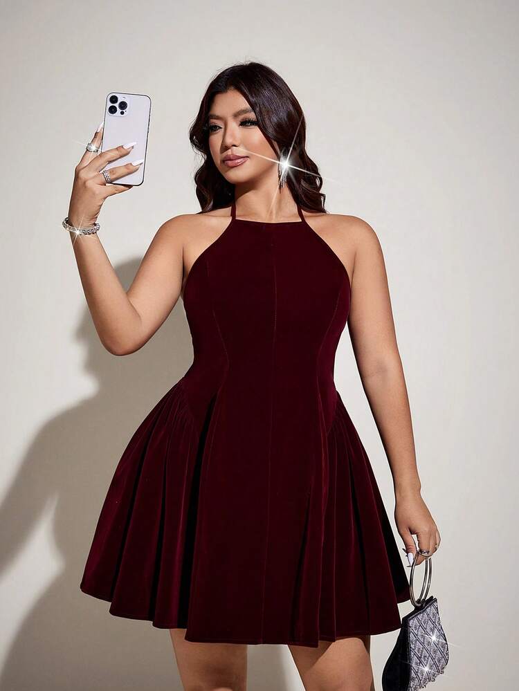 Viva Relle Vestido de talla grande con cintura ceñida, cuello halter y espalda descubierta, con tacto de terciopelo para mujeres - Burdeos - Añade 2