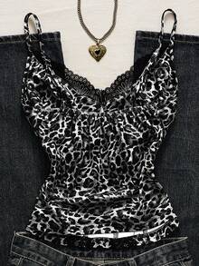 SHEIN Sexy Lace Patchwork Leopard Print Camisole Top For Summer Vacation - Black and White - View 2