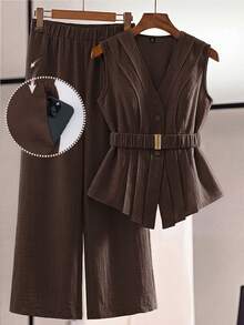 Franclia Plus Size Women's Brown Summer Smart Casual Office Work 2-Piece Set,Linen-Like V-Neck Open Front Ruffle Asymmetric Hem Metal Buckle Flared Pants Set - Brown - View 1