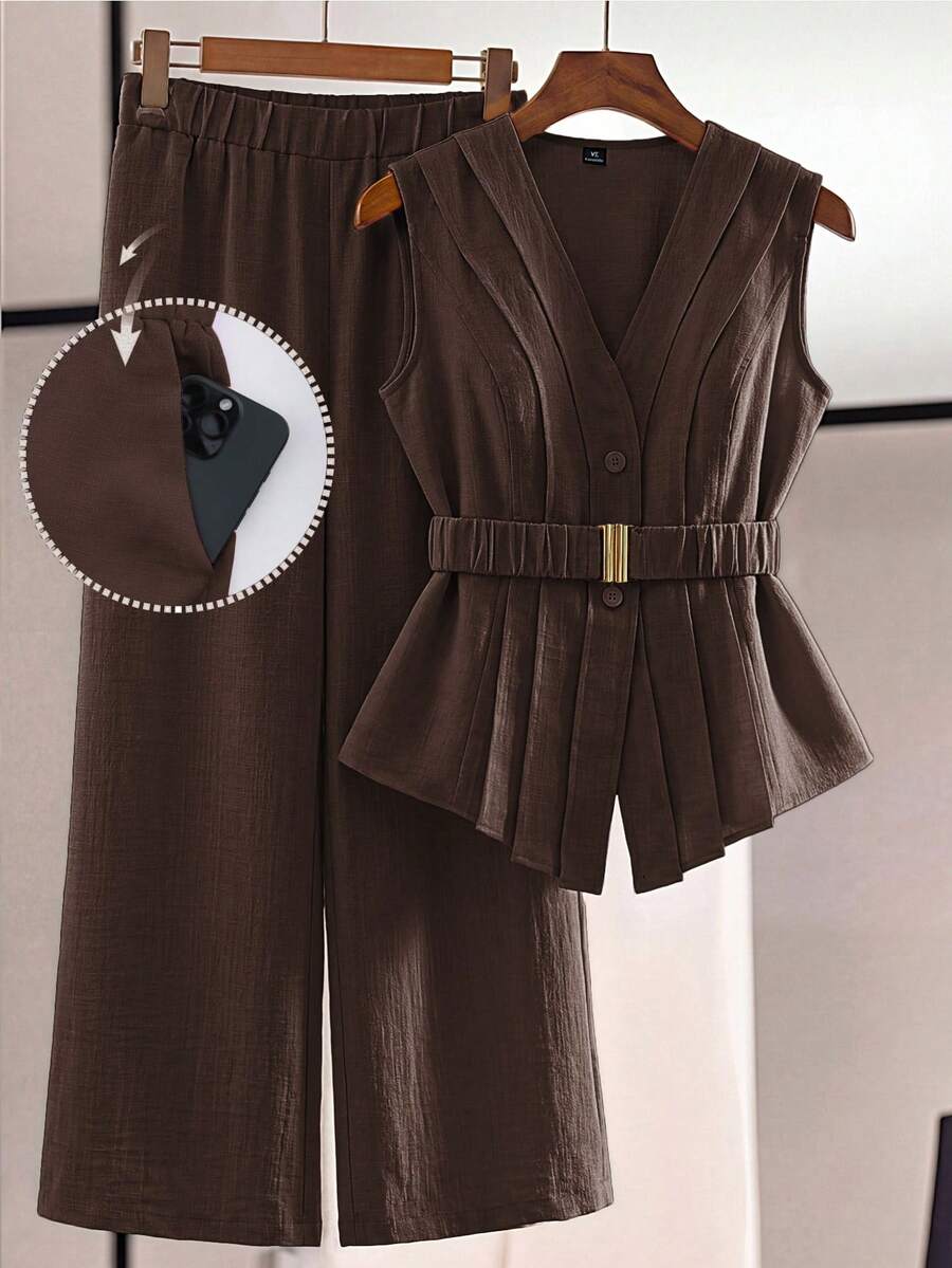 Franclia Plus Size Women's Brown Summer Smart Casual Office Work 2-Piece Set,Linen-Like V-Neck Open Front Ruffle Asymmetric Hem Metal Buckle Flared Pants Set - Brown - View 1