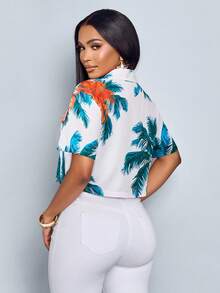 SOLERSUN Camisa de playa sexy y elegante, camisa casual de mujer con tema de árbol de coco para primavera y verano - Verde - Ver 3