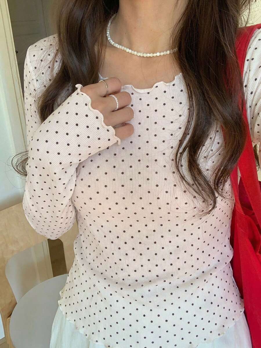 DAZY 女士波点薄纱长袖圆领打底衫，春夏款 - 白色 - 查看 1