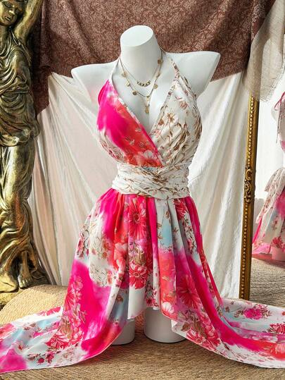 Sweetra Summer Ditsy Floral Halter Tie Waist Irregular Hem V-Neck Sleeveless Plus Size Women Dress