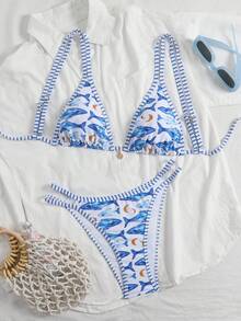 Swim Vcay 女士两件套热带可爱海洋印花吊带背心，肩带可调节，后背系带，侧系带泳裤，优雅沙滩度假比基尼套装 - 彩色 - 查看 3