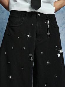 ROMWE MEN Casual Men's Star & Moon Decor Pendant Jeans - Black - View 2