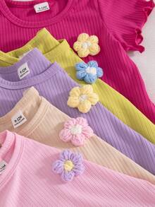 SHEIN Playful Pals 10件/5套 0-3歲女嬰夏季套裝 可愛粉色花朵裝飾 短袖 & 短褲 休閒舒適服裝 適合家庭穿搭 - 彩色 - 查看 7