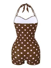 Swim Vcay Baju Renang Terusan Wanita Motif Polkadot dengan Detail Kerut dan Celana Pendek, Baju Renang Polkadot Gaya Liburan - Coffee Brown - View 6