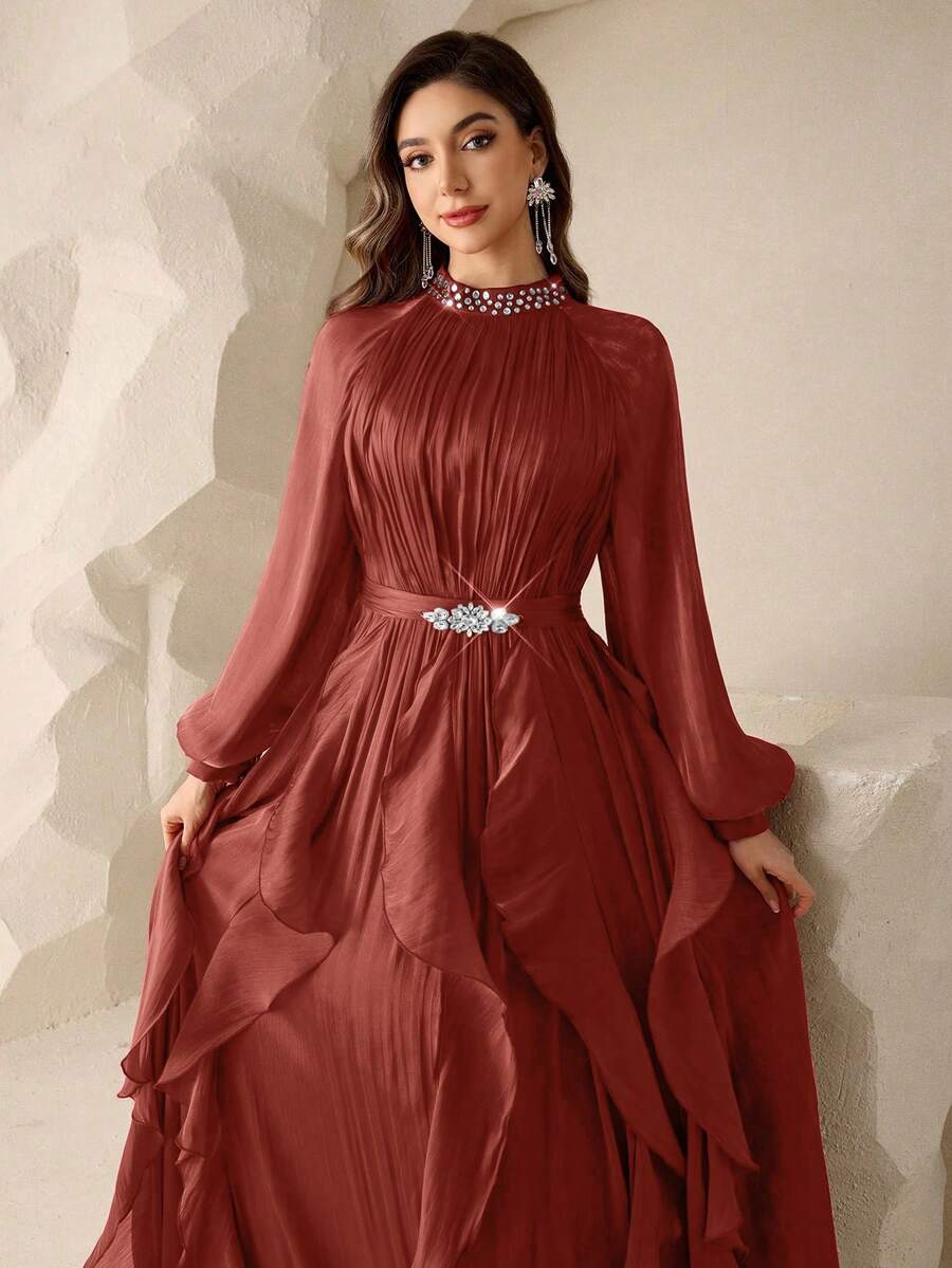Coutiva Elegant Shimmering High-Neck Multi-Layered Ruffled Hem Formal Evening Gown,Prom Birthday Graduation Back-To-School Music Festival Bridesmaid Dress - Orange - View 1