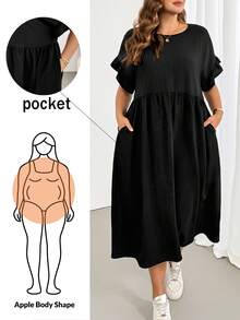 Shapeblank 大码女装春夏时尚休闲宽松舒适日常百搭显瘦荷叶袖口袋黑色中长连衣裙，简约风格，夏季穿搭，欧洲夏季 - 黑色 - 查看 1
