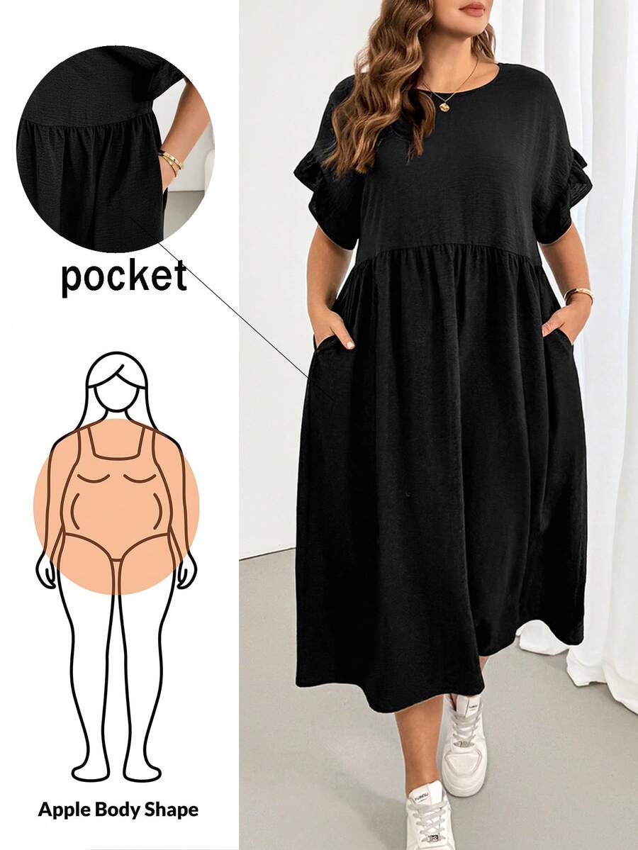 Shapeblank 大码女装春夏时尚休闲宽松舒适日常百搭显瘦荷叶袖口袋黑色中长连衣裙，简约风格，夏季穿搭，欧洲夏季 - 黑色 - 查看 1