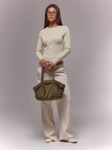 MUSERA 不对称纽扣长袖条纹罗纹圆领上衣，复古乡村风，可爱田园风，返校季休闲居家上衣，女款，奶油糖色，春夏 - 彩色 - 查看 3