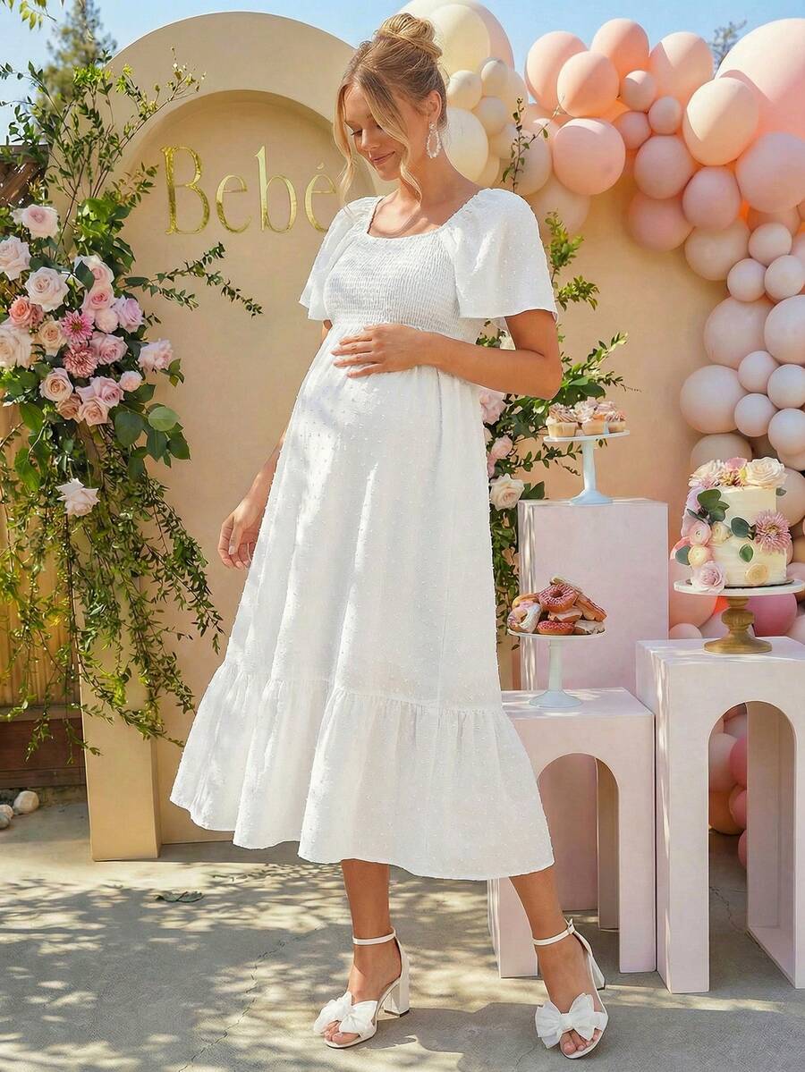 SHEIN Elegant Party Solid Color Ruffle Hem Maternity Dress,Gender Reveal Dress,Maternity Dress, Baby Shower Dress,  Luxury Evening Dresses For Women - White - View 1