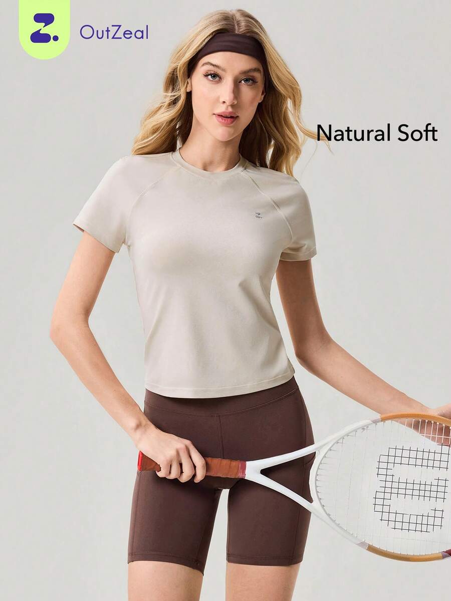 OutZeal 女士运动T恤 健身瑜伽日常柔软弹力短袖运动上衣 - 米色 - 查看 1