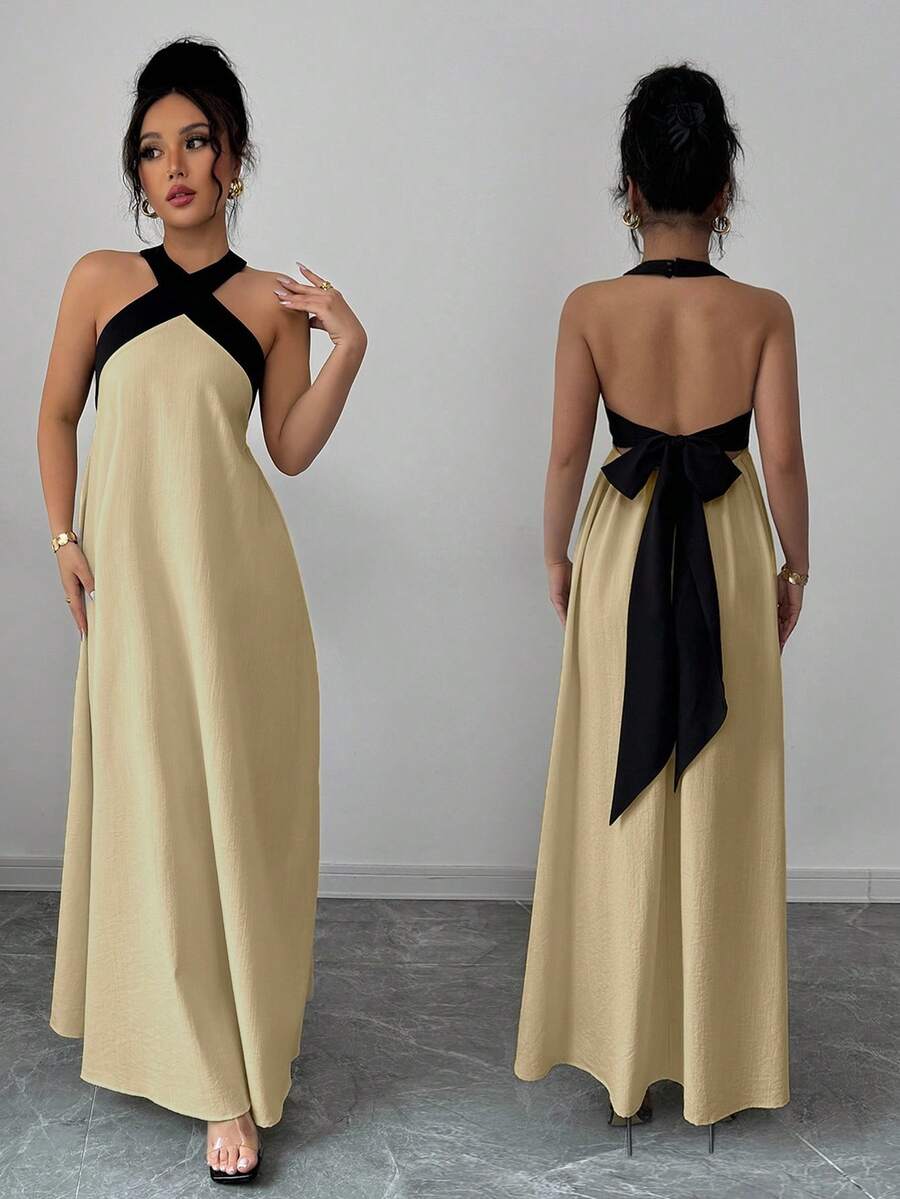 Rafferiza Đầm không tay cổ yếm hở lưng thắt nơ phối màu tương phản, phong cách nghỉ dưỡng thường ngày dành cho nữ. - Màu Khaki - Xem 1