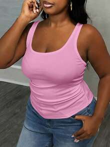 Slaydiva 女士加大码基本款深V领无袖修身罗纹侧边褶皱吊带背心，白色半透明 - 粉色 - 查看 7