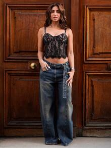 IamThia 女士细肩带花卉蕾丝边修身吊带背心，休闲度假 - 黑色 - 查看 8