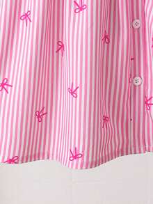 Elladie kids Vestido de niña con cuello bordado, decoración de lazo a rayas y botones en la cintura, adecuado para uso casual, elegante y lindo en el día a día o en vacaciones - Rosa - Ver 10