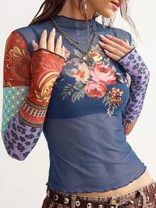 Bohemela Áo kiểu nữ tay dài ôm dáng, cổ đứng, in họa tiết hoa, chất liệu lưới, thời trang. - Màu xanh hải quân - Xem 4