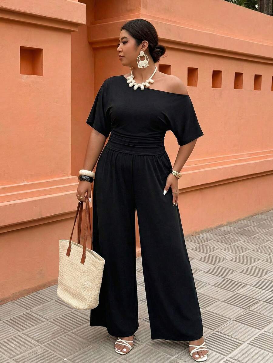 Weeklong 大码女装春夏不对称领口宽松上衣，收腰设计，休闲度假装 - 黑色 - 查看 1