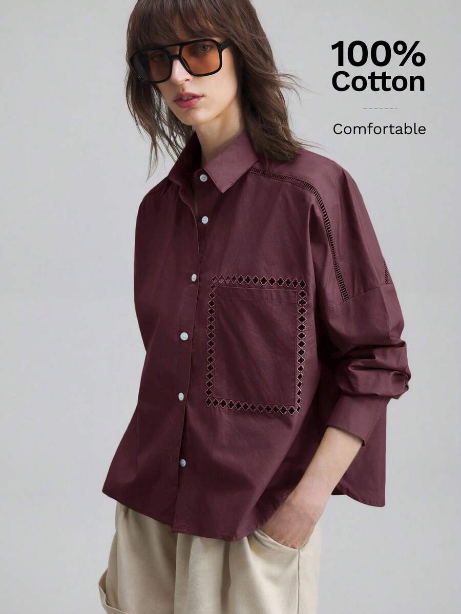 Ontre 2026春夏新款女士长袖刺绣翻领休闲衬衫，都市通勤商务休闲上衣，办公室穿着，优雅婚礼宾客礼服 - 棕色 - 查看 1