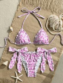 Swim Vcay Women's 2pcs Ditsy Floral Ruffled V-Neck Halter Bikini Set Set, Summer - Hot Pink - View 1