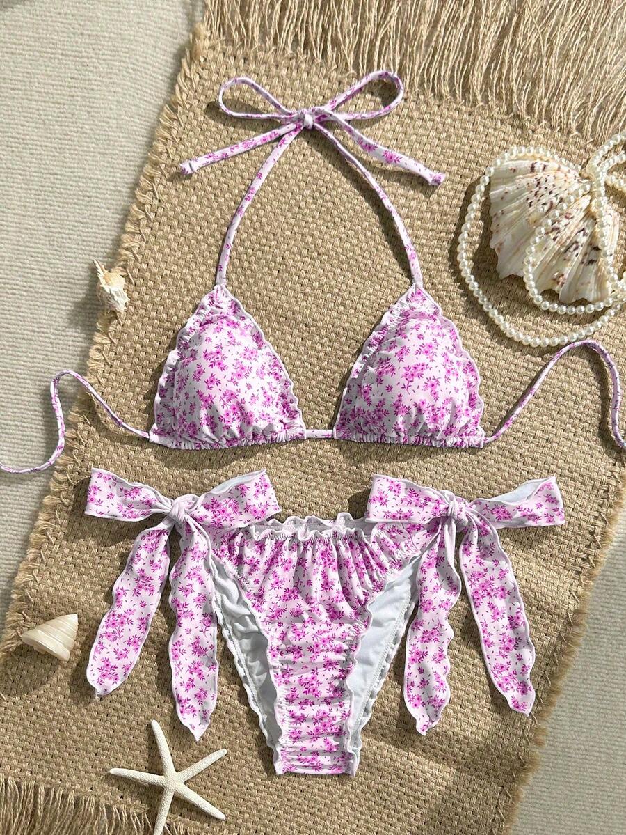 Swim Vcay Women's 2pcs Ditsy Floral Ruffled V-Neck Halter Bikini Set Set, Summer - Hot Pink - View 1
