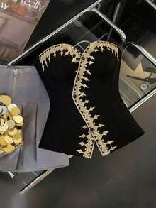 Selianne Elegantes schwarzes trägerloses Korsett mit Stickereimuster als Außenschicht. Korsett Tops Korsett Tops für Frauen Neuestes Outfit für Frauen Sexy Tops Sexy Tops für Damen Damen Korsett Laser Cut Korsett Korsett Outfit Korsett XXS Korsetts für Frauen - Schwarz - Übersicht 1
