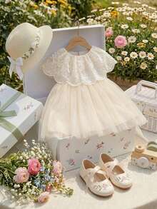 SHEIN 女婴0-3岁春夏优雅公主风碎花网纱泡泡袖粉色连衣裙，适合花园宝宝、花童等各种场合，也可作为幼儿碎花优雅小花裙穿着。 - 白色 - 查看 3