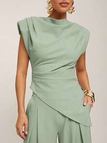 Silquee Top décontracté polyvalent pour usage quotidien avec ourlet asymétrique de couleur unie pour femmes - Vert menthe - Voir 3