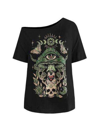 ROMWE Goth Spring / Summer Plus Size Distressed Mushroom Skull Print Single Shoulder T-Shirt