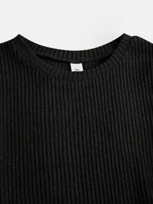 Conjunto informal de camiseta de punto gris ajustada y pantalones sueltos con bolsillo de cintura elástica para adolescentes, adecuado para primavera/verano. Incluye top de manga corta de cuello redondo bordado ajustado de punto y pantalones de chándal a juego bordados - Negro - Ver 4