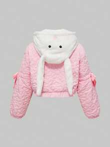 ROMWE Kawaii Plus Size Women's Cute Rabbit Ear Hooded 2 In 1 Ribbon Bow Padded Coat - Baby Pink - View 2