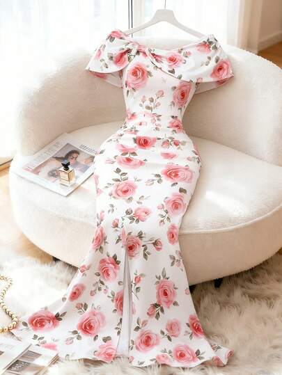 GlowEve 夏季新品：日常连衣裙、度假连衣裙，玫瑰花卉图案，露肩修身鱼尾裙摆。这款法式时尚单品融合了度假风情与优雅气质，S 型剪裁，百搭实用，适合多种场合。女士露肩连衣裙、约会连衣裙、性感夏季长裙、海滩度假连衣裙、夏季印花连衣裙