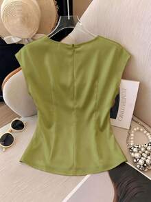 Blusa elegante de mujer con cuello redondo, cintura ceñida, plisada, de manga corta, versátil, de color melocotón claro sólido 1FPR - verde menta - Ver 2
