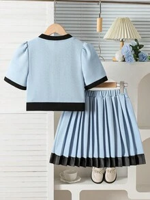 Tween Girl Spring/Summer V-Neck Bowknot Decor Button Front Top And High Waist Pleated Skirt Set, Sweet & Outfit For Party/Commute - Blue - View 3