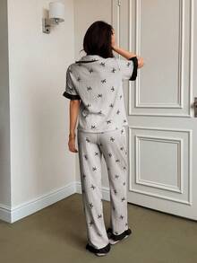 Napfluff Blue Striped Bow Print Patchwork Contrast Color Lapel Short Sleeve Pants Pajama Set For Women - Grey - View 2