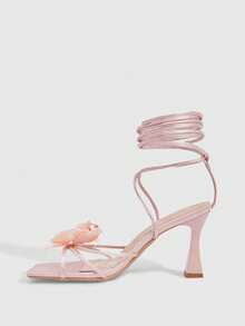 CUCCOO SZL Summer New Pink Flower Thick Heel Square Toe Fashionable And Elegant Women's High Heel Sandals Prom Heels Summer Shoes - Pink - View 5
