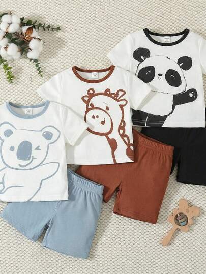 Bubblio Conjunto de 6 piezas de pijama para bebé niño con camiseta de manga corta con rayas y estampado de dibujos animados, y pantalones cortos