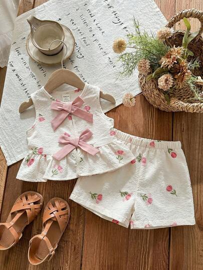 LMoss Kids Bộ áo hai dây và quần short cạp chun in hoa dễ thương cho bé gái, thích hợp cho mùa hè.